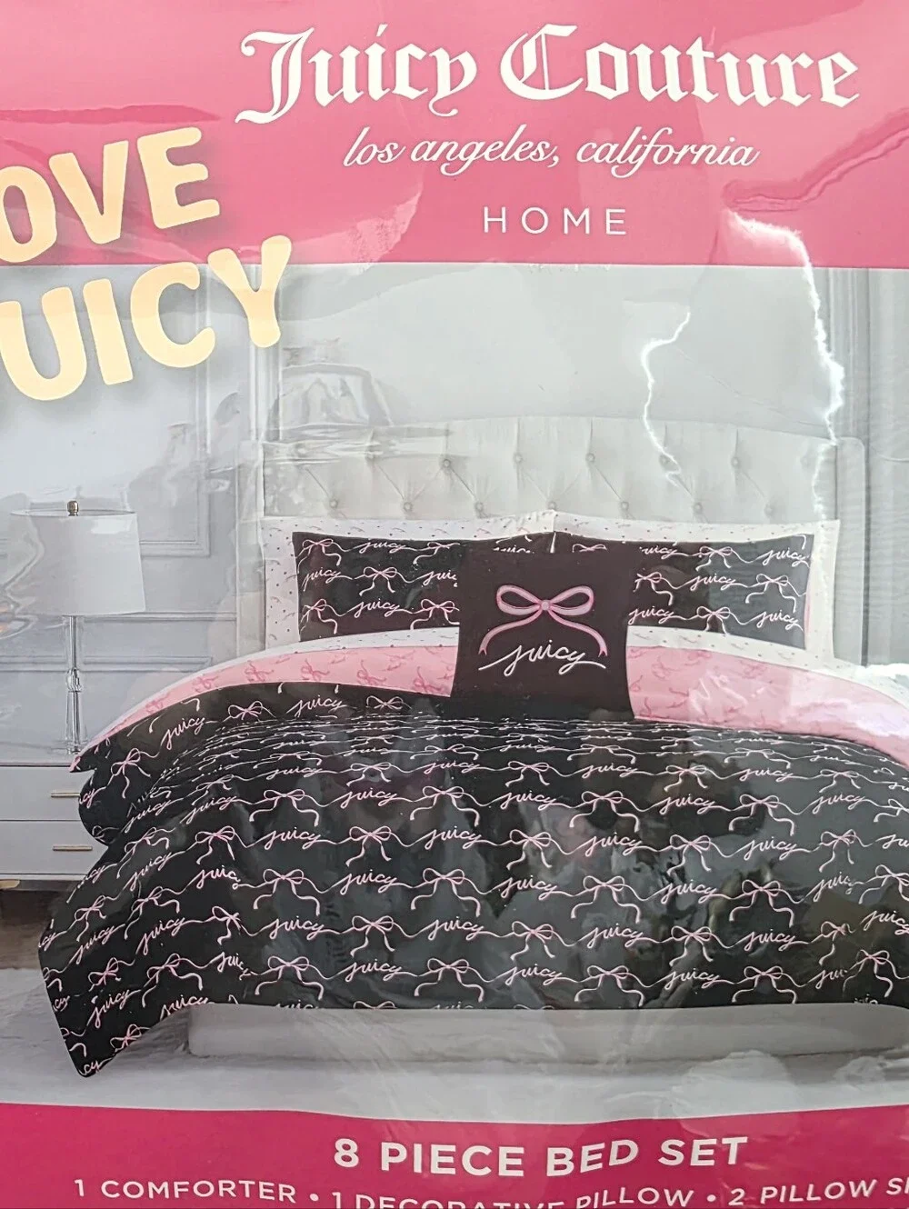 Juicy Couture KING Pink Bow 8 piece Reversible Comforter and Sheets set